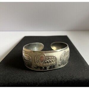 Vintage Silver Tone Tibetan Cuff Bracelet with Elephant Pattern 1" Wide